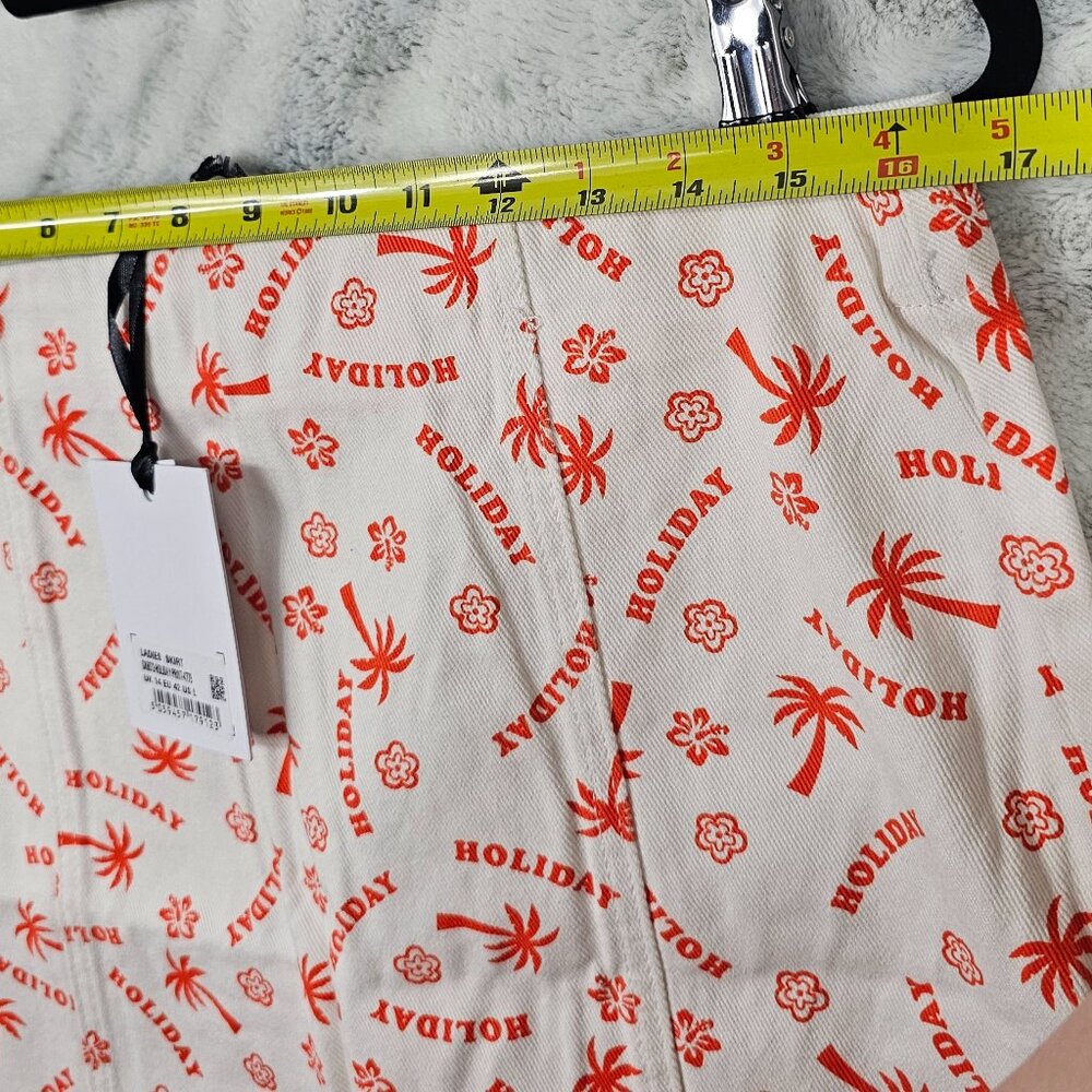 Glamorous Denim US Sz 10 Medium Holiday Print White Denim High Waist Mini Skirt - Picture 9 of 10